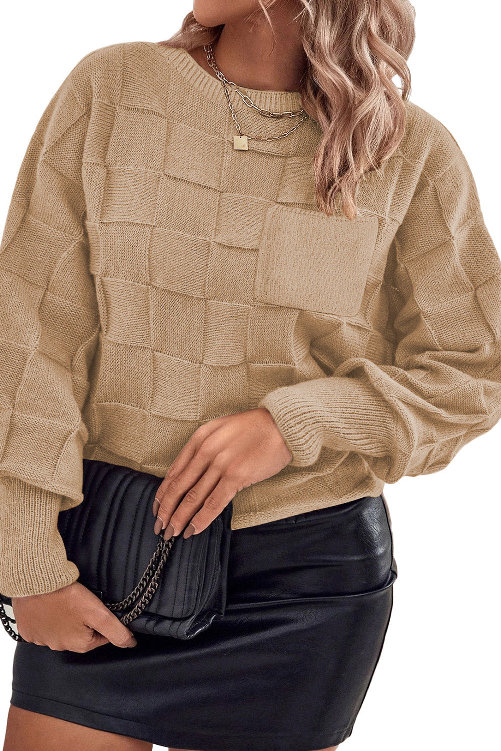 Plus Size Rose Tan Solid Checkered Textured Knit Sweater