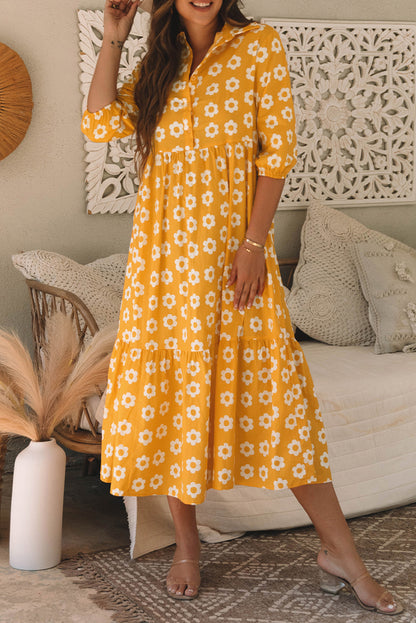 Yellow Flower Print Bracelet Sleeve Buttons Collared Maxi Dress