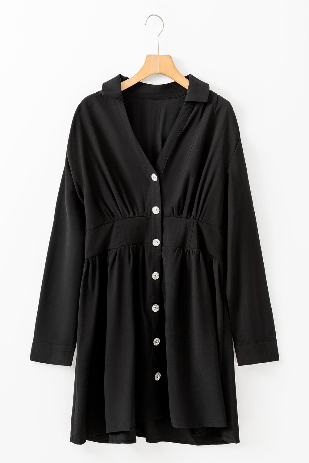 Black Cinched High Waist Long Sleeve Shirt Dress