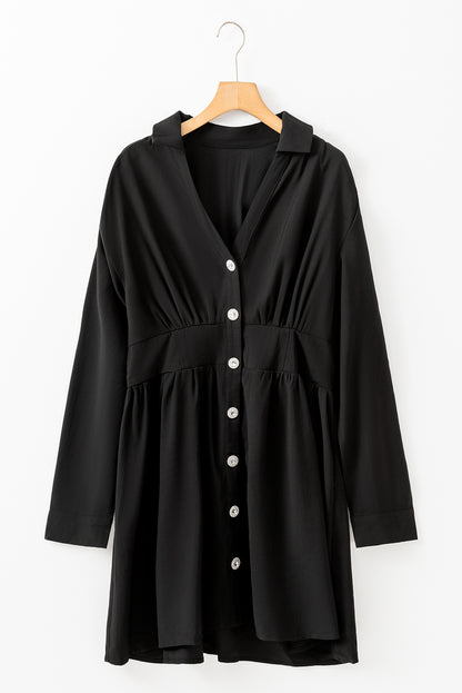 Black Cinched High Waist Long Sleeve Shirt Dress