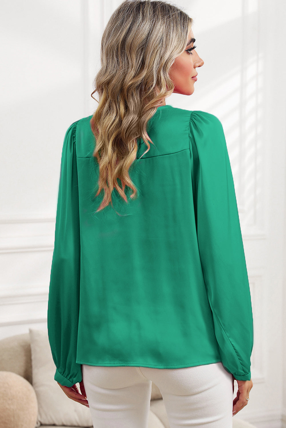 Plain Satin Puff Long Sleeve Crewneck Blouse