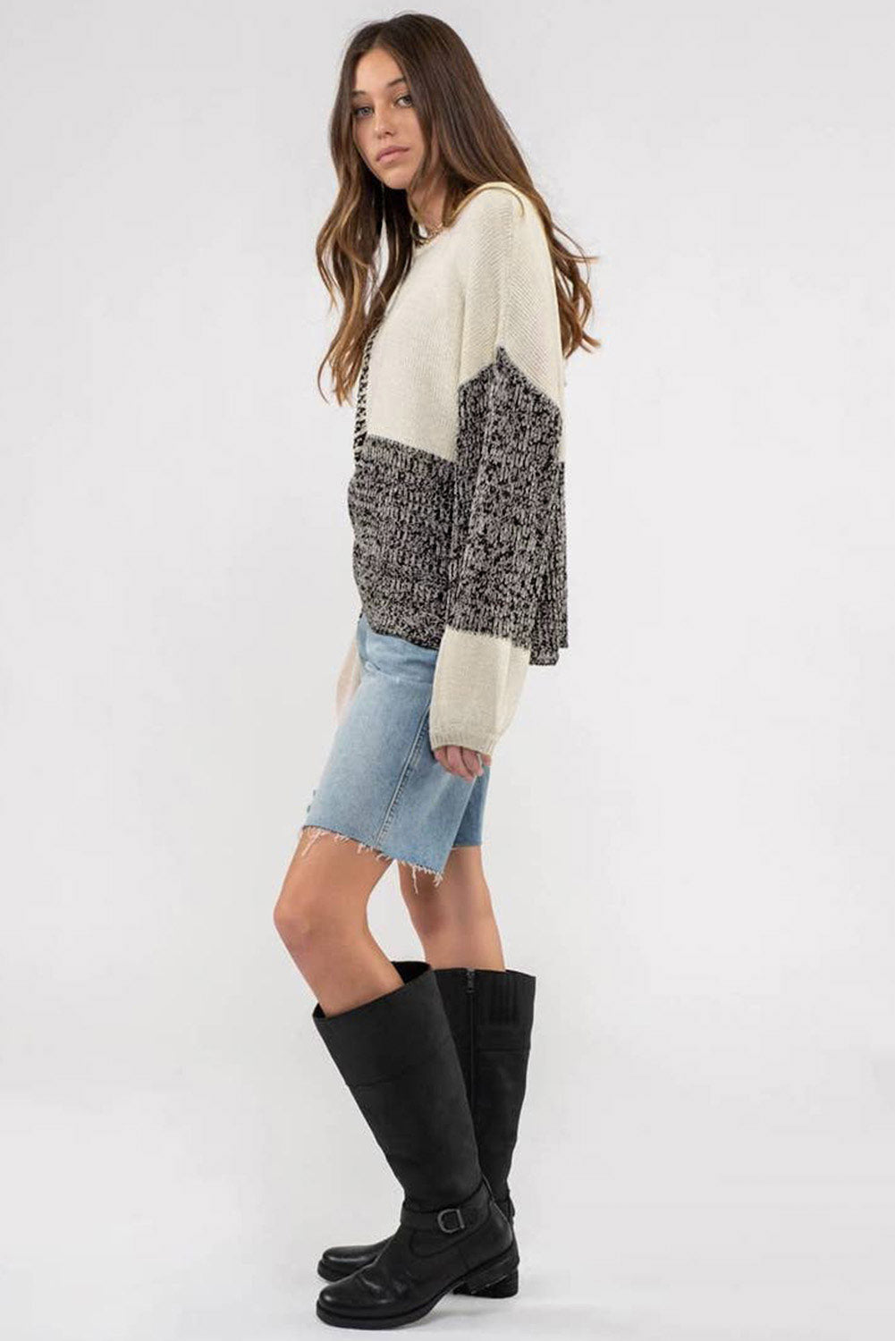 Colorblock Tie Back Drop Shoulder Knit Sweater