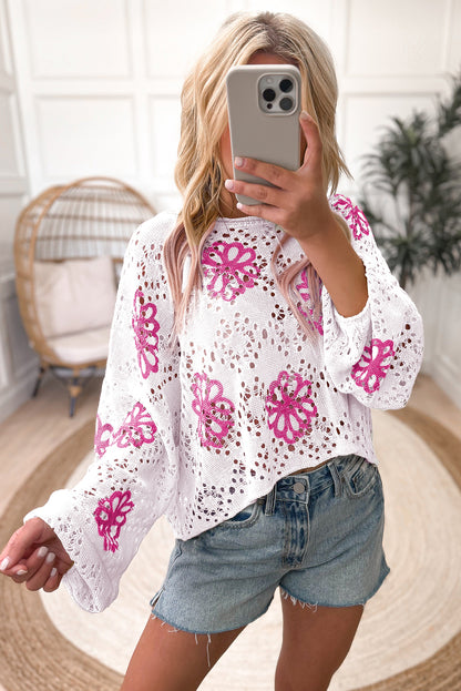 White Flower Print Drop Shoulder Hollow Knit Sweater