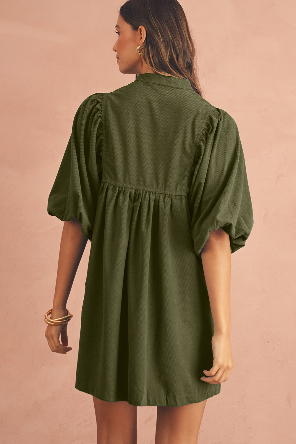 Snap Button Empire Waist Lantern Sleeve Corduroy Dress