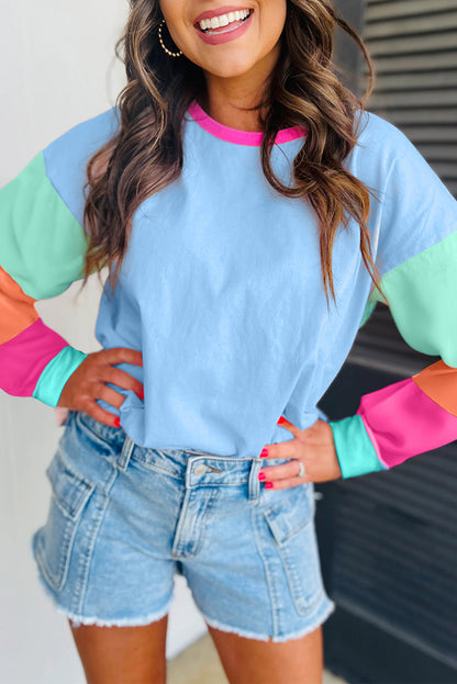 Blue Colorblock Long Sleeve Loose Top