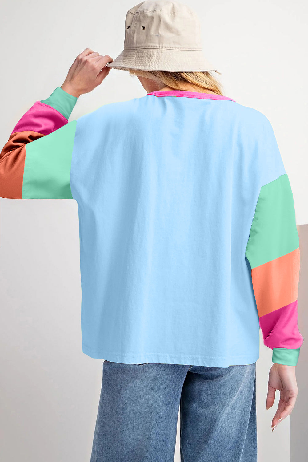 Blue Colorblock Long Sleeve Loose Top