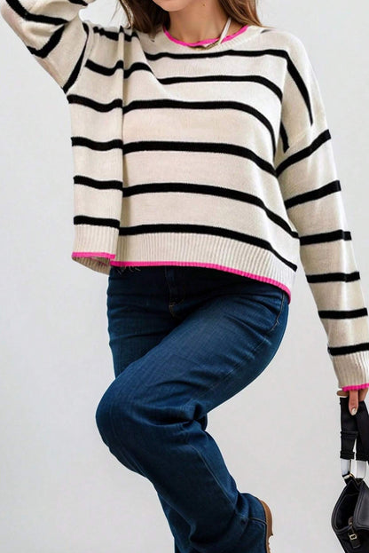 White Stripe Contrast Trim Drop Shoulder Sweater