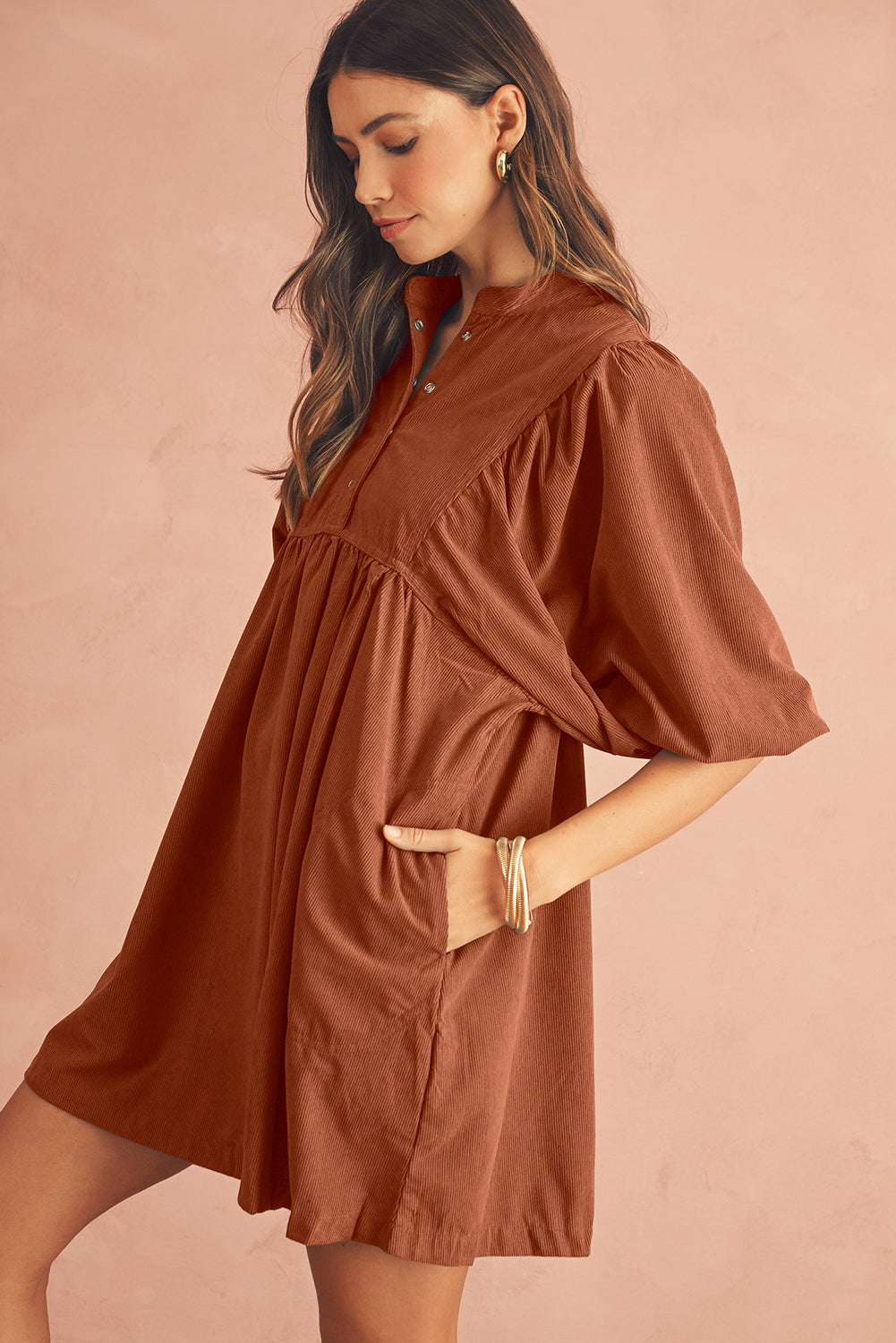 Snap Button Empire Waist Lantern Sleeve Corduroy Dress