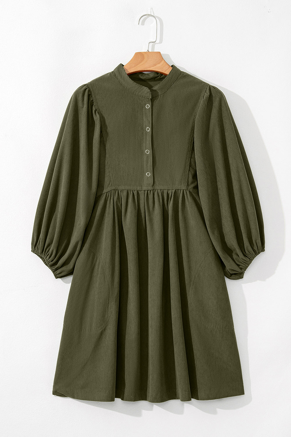 Snap Button Empire Waist Lantern Sleeve Corduroy Dress