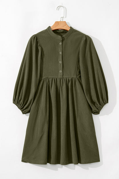 Snap Button Empire Waist Lantern Sleeve Corduroy Dress