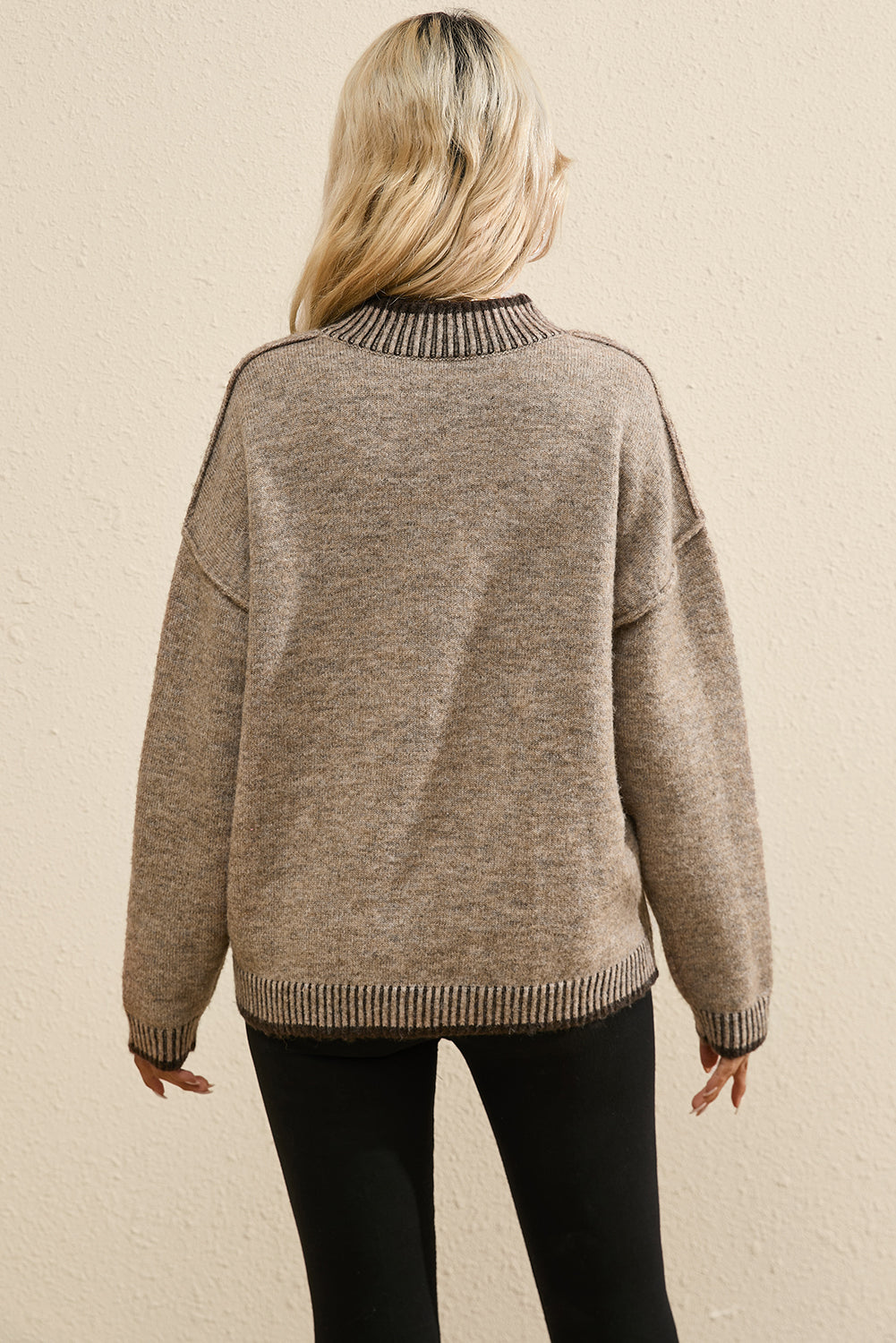 Pale Khaki Contrast Trim Mock Neck Drop Shoulder Sweater