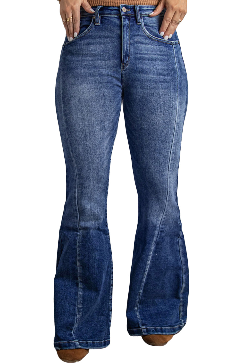 Plus Size Dark Blue Stitching Washed Flare Jeans