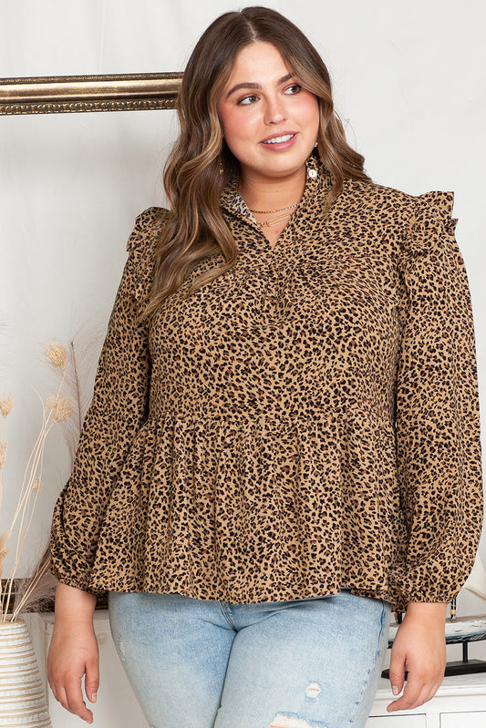 Plus Size Leopard Frilled Shoulder Babydoll Top