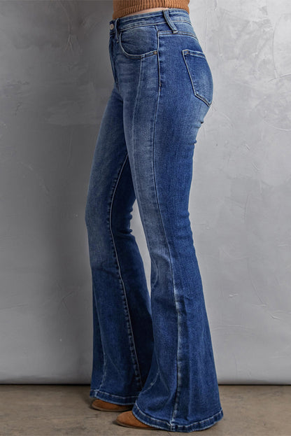 Plus Size Dark Blue Stitching Washed Flare Jeans