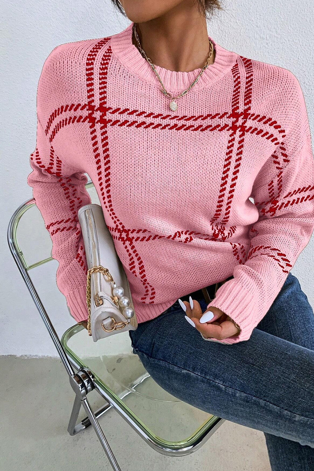 Plaid Pattern Knitted Drop Shoulder Sweater