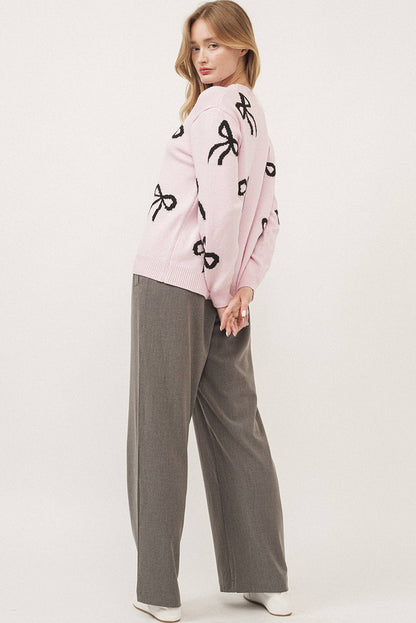 Light Pink Bow Print Long Sleeve Loose Fit Sweater