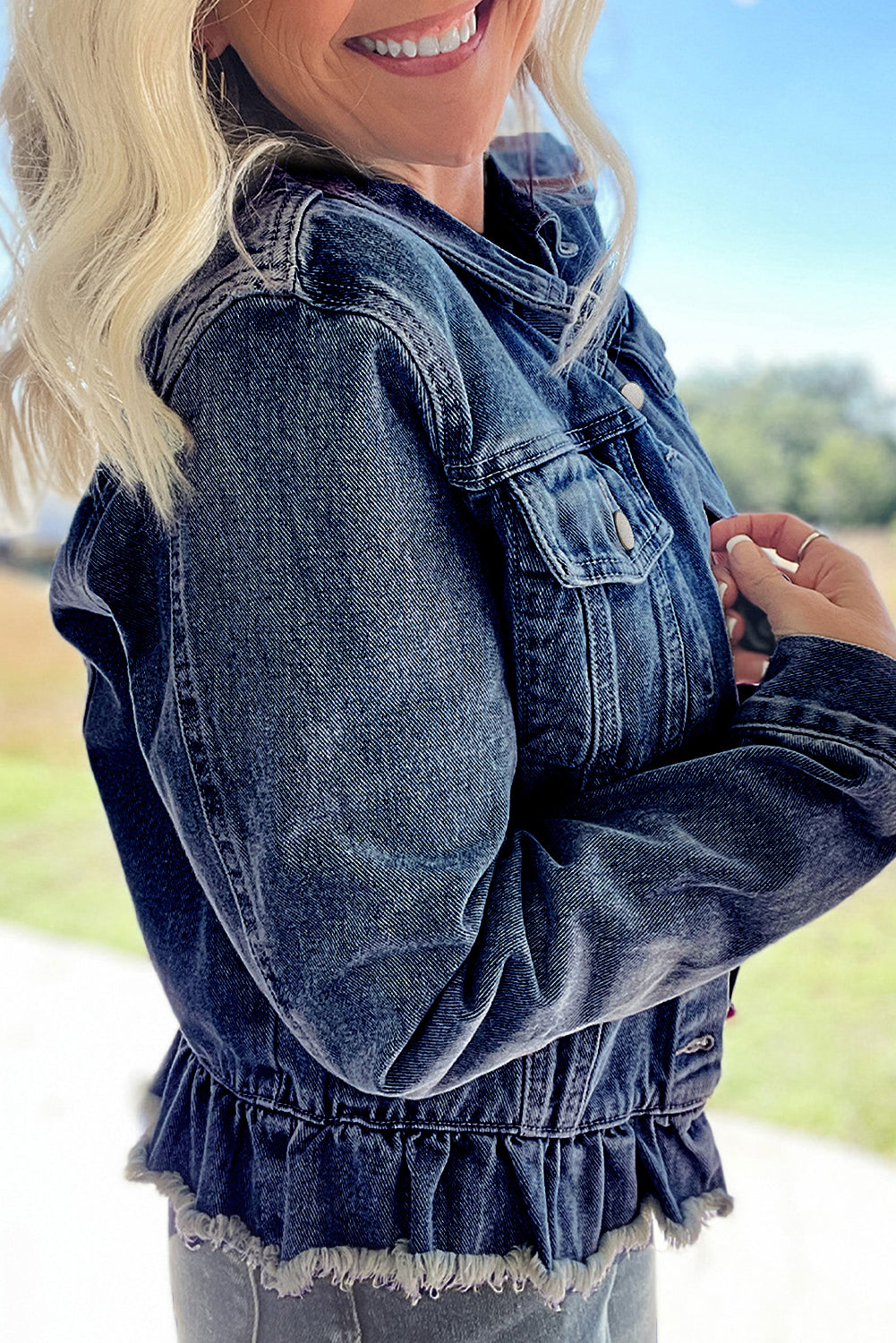 Blue Ruffle Raw Hem Flap Pockets Denim Jacket