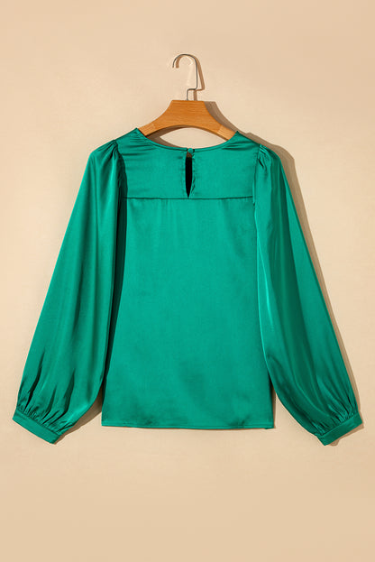 Plain Satin Puff Long Sleeve Crewneck Blouse