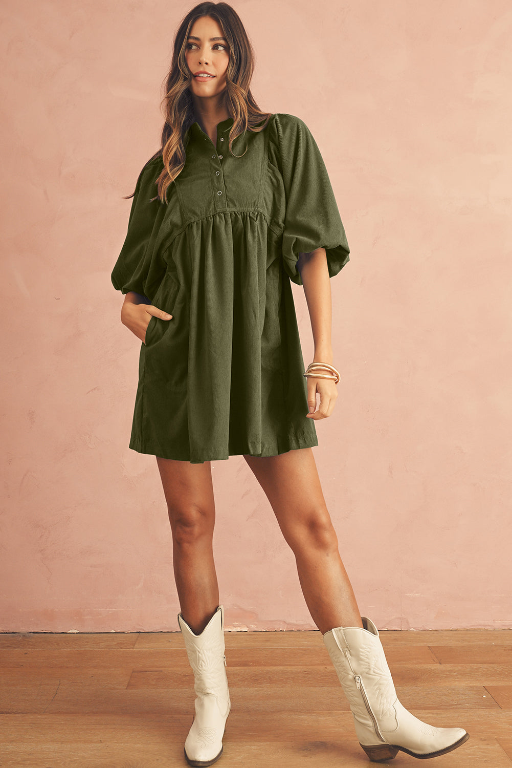 Snap Button Empire Waist Lantern Sleeve Corduroy Dress