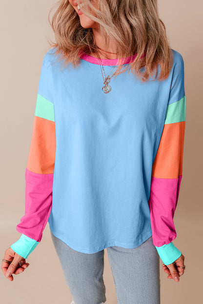 Blue Colorblock Long Sleeve Loose Top