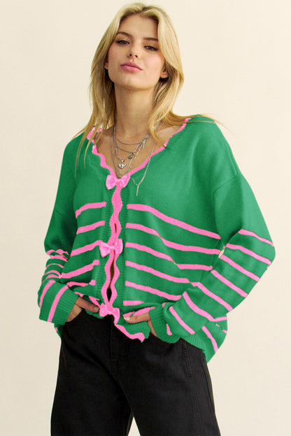 Green Stripe Non-detachable Bow Drop Sleeve Cardigan