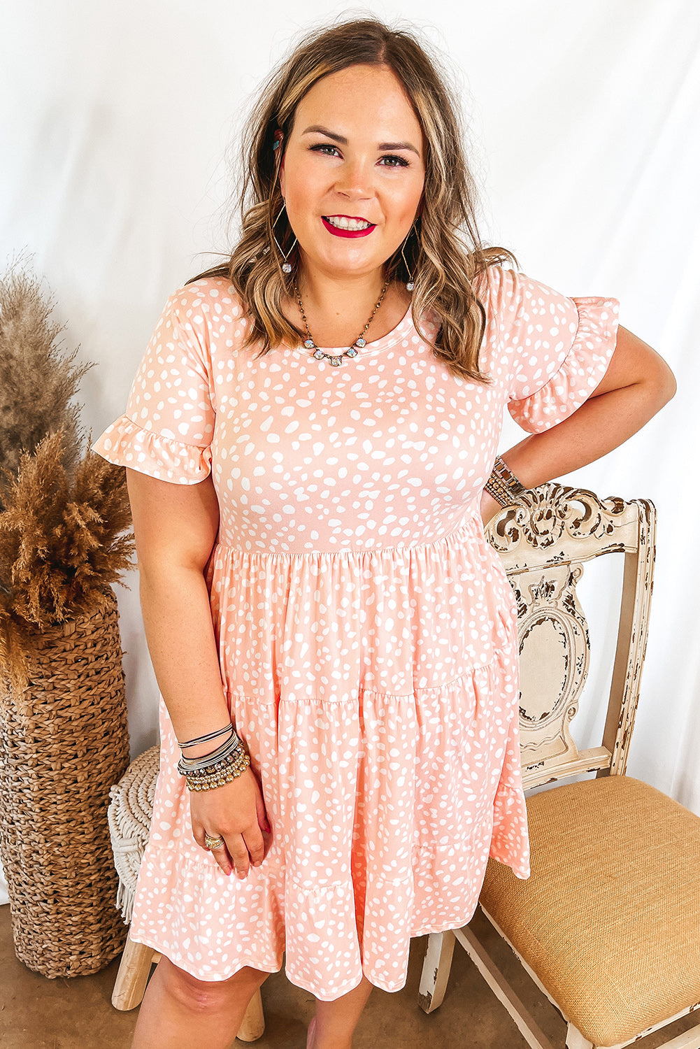 Plus Size Pink Leopard Print High Waist Ruffle Sleeve Dress