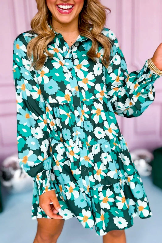 Green Flower Print Smocked Cuffs Tiered Mini Dress