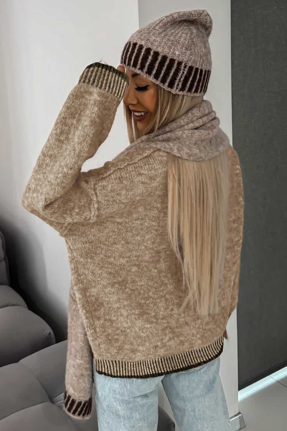 Pale Khaki Contrast Trim Mock Neck Drop Shoulder Sweater