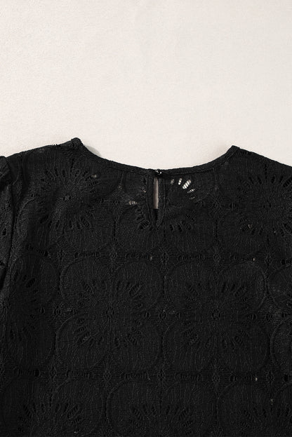 Black Floral Eyelet Jacquard Flounce Sleeve Top