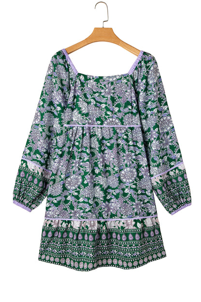 Green Floral Print Piping Trim Bubble Sleeve Bohemian Dress