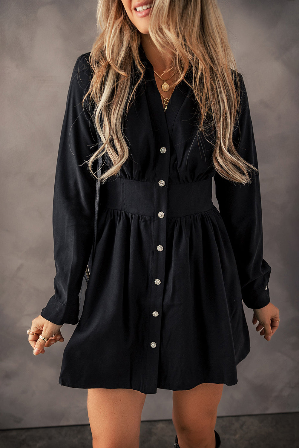 Black Cinched High Waist Long Sleeve Shirt Dress