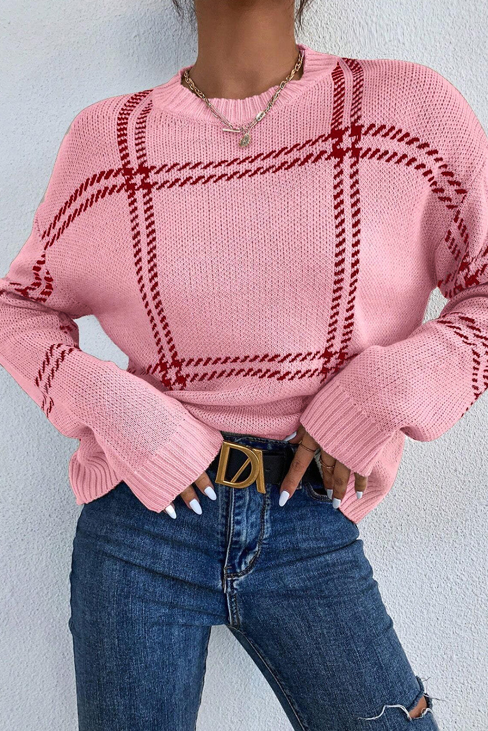 Plaid Pattern Knitted Drop Shoulder Sweater