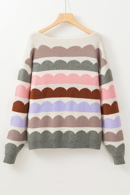 Wave Striped Balloon Sleeve Drop Shoulder Sweater