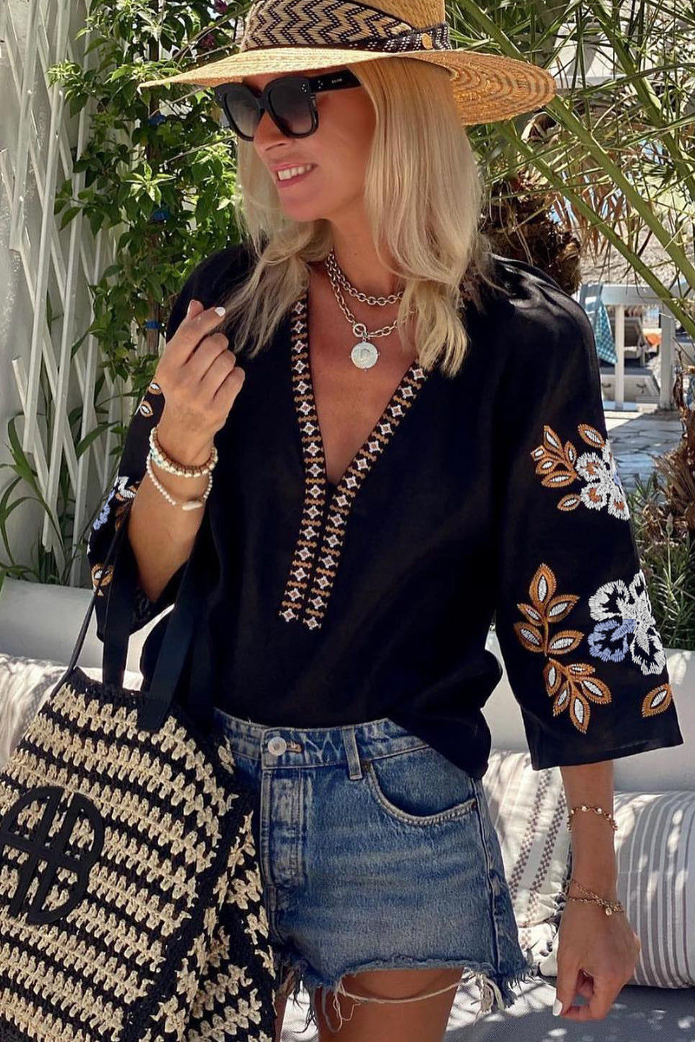 Black Boho Floral Embroidered V Neck Blouse