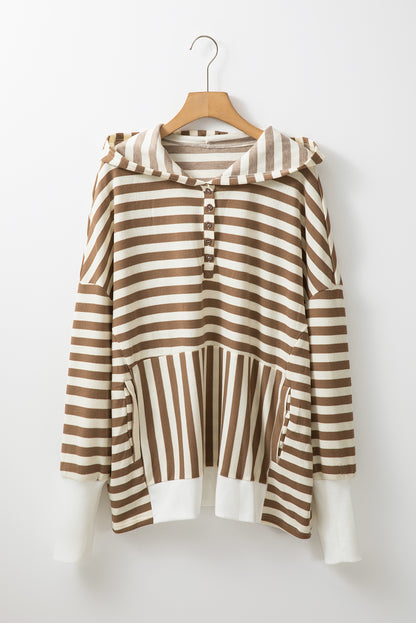 Plus Size Brown Stripe Drop Sleeve Henley Hoodie