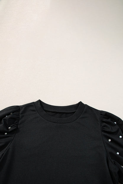 Black Rhinestone Pearl Puff Half Sleeve Top