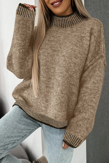 Pale Khaki Contrast Trim Mock Neck Drop Shoulder Sweater