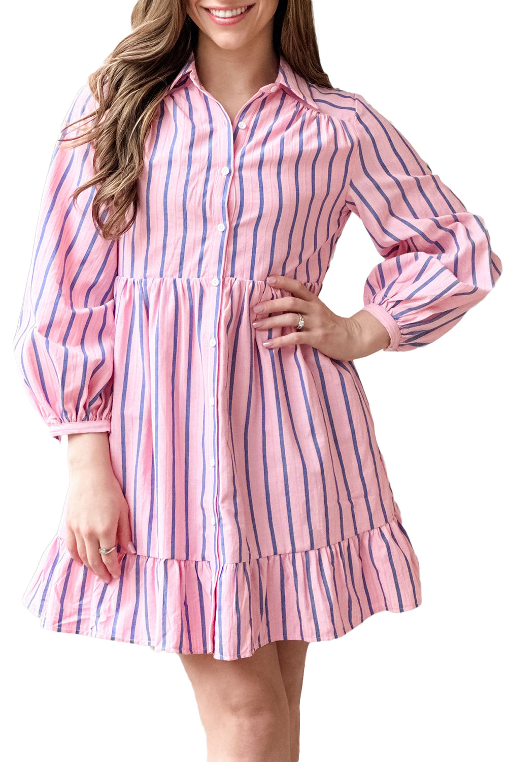 Pink Striped Button up Mini Shirt Dress