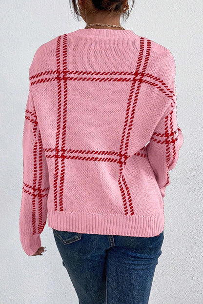 Plaid Pattern Knitted Drop Shoulder Sweater