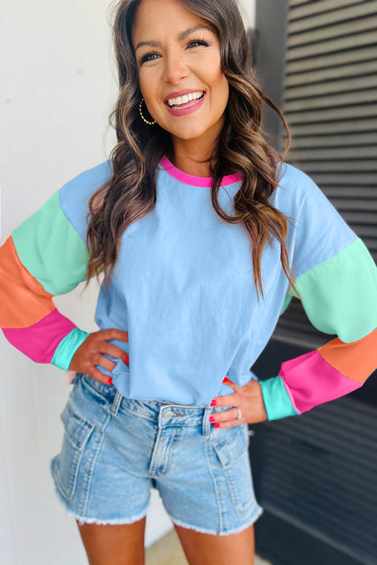 Blue Colorblock Long Sleeve Loose Top