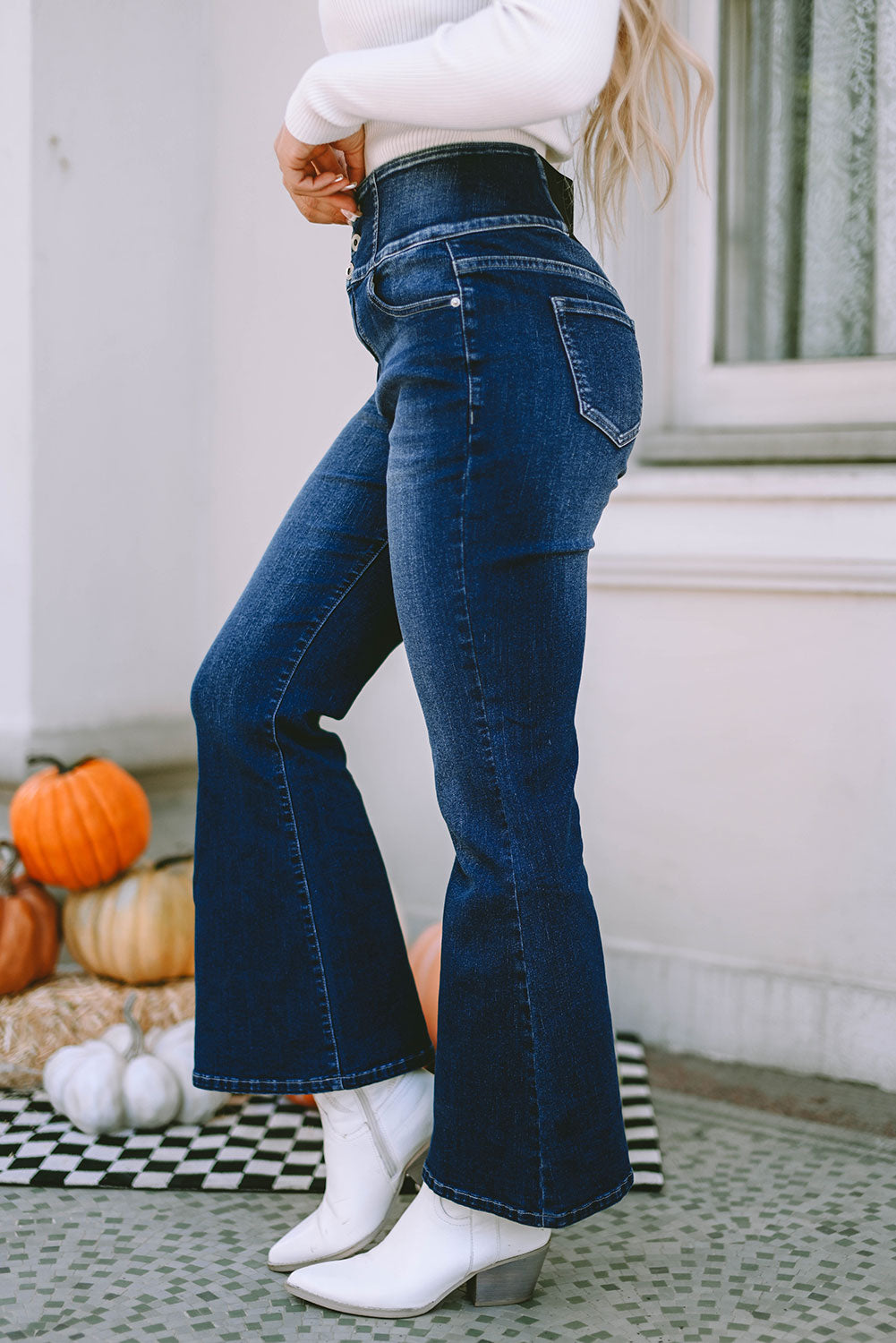 Blue Button Front Elastic Wide Waistband Back Flare Jeans