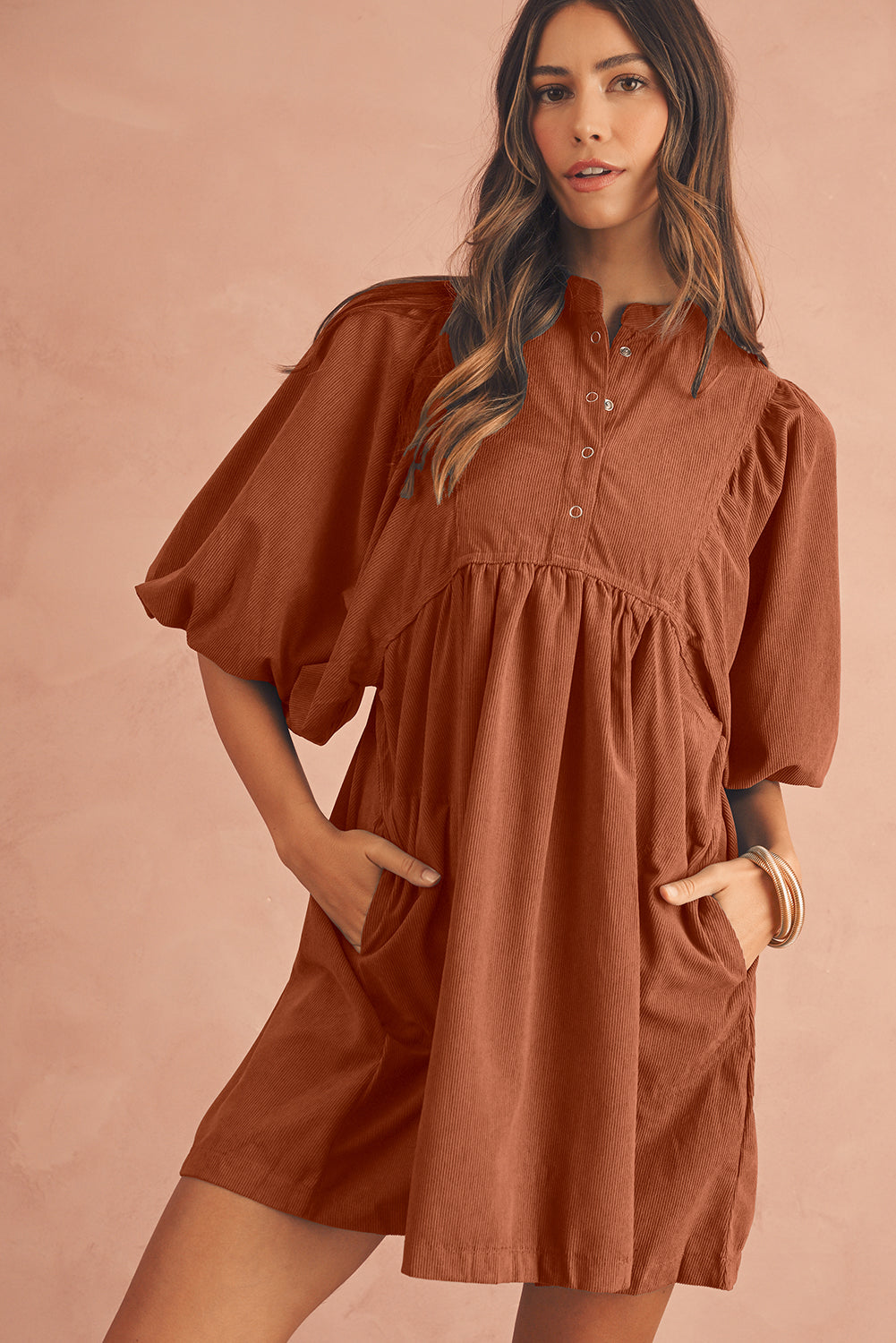 Snap Button Empire Waist Lantern Sleeve Corduroy Dress