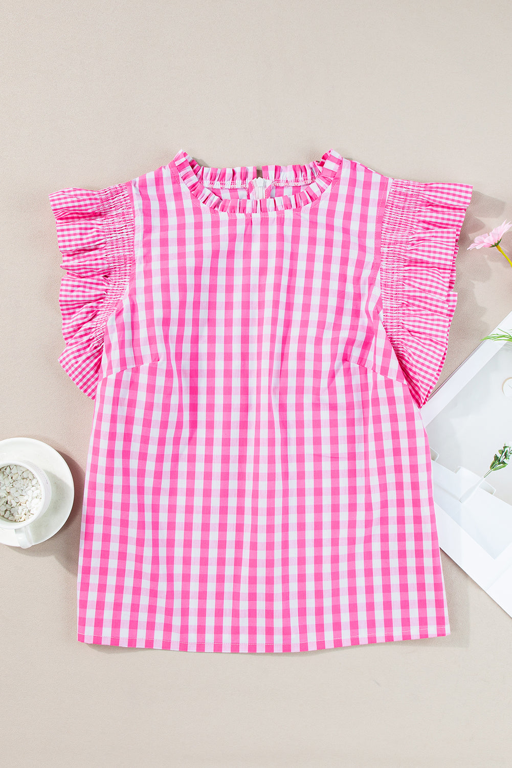 Rose Red Checkered Ruffled Trim Frilled Neck Blouse