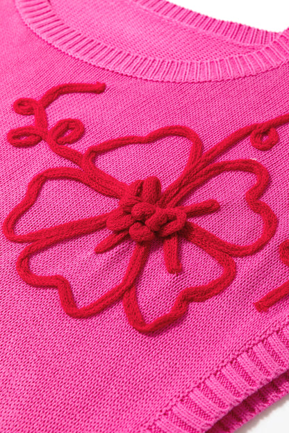 Bright Pink Flower Embroidery Short Sleeve Knitwear Top