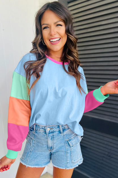 Blue Colorblock Long Sleeve Loose Top