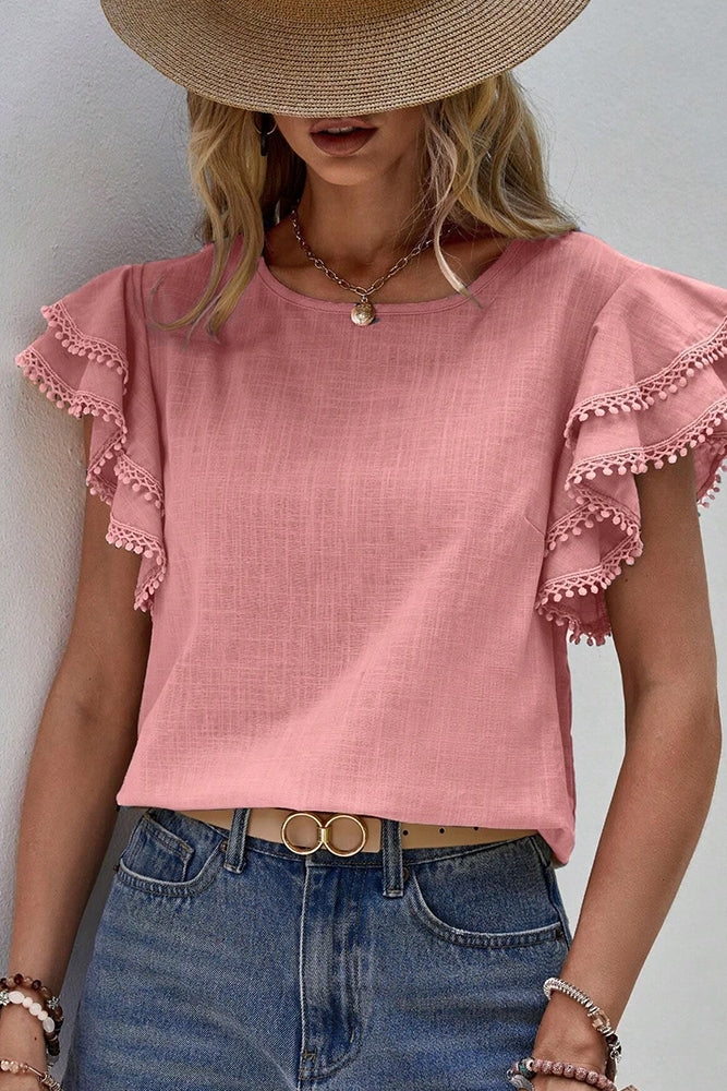 Round Neck Loose Ruffle Short Sleeved Top