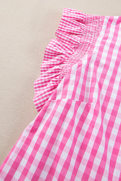 Rose Red Checkered Ruffled Trim Frilled Neck Blouse