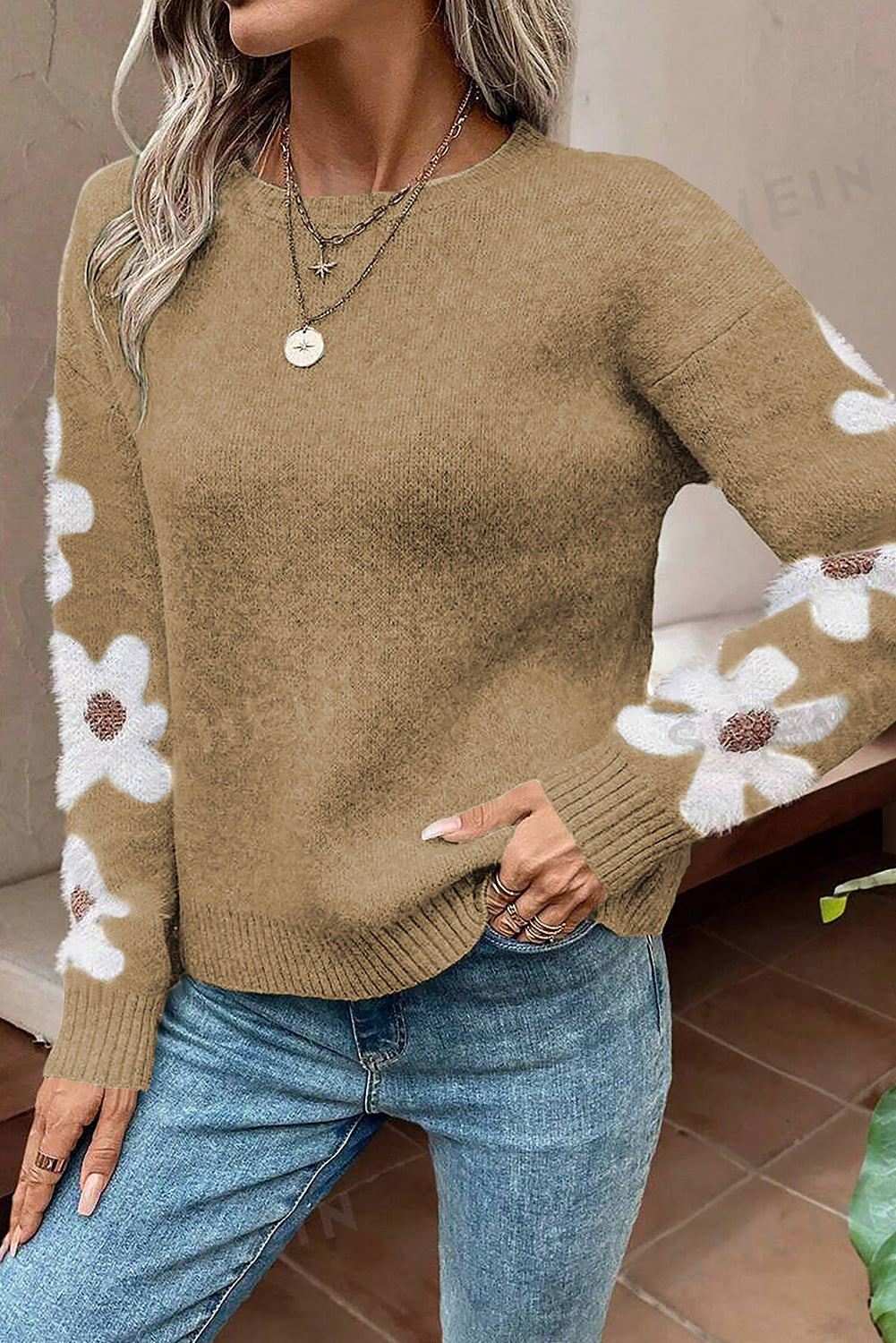 Light Grey Flower Sleeve Drop Shoulder Sweater