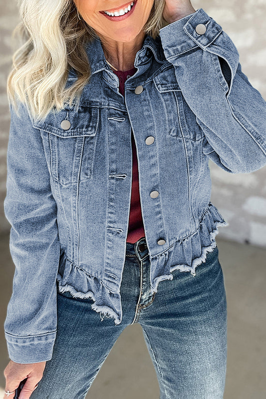 Blue Ruffle Raw Hem Flap Pockets Denim Jacket