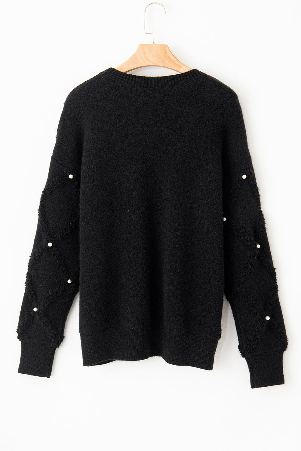 Black Pearl Embellished Rhombus Pattern Sweater